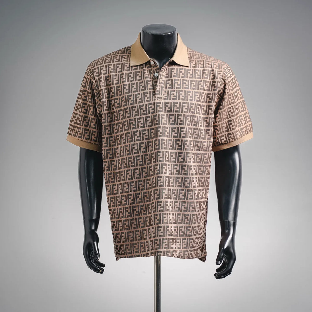 Fendi short-sleeve polo shirt with all-over FF monogram print, tan with dark trim