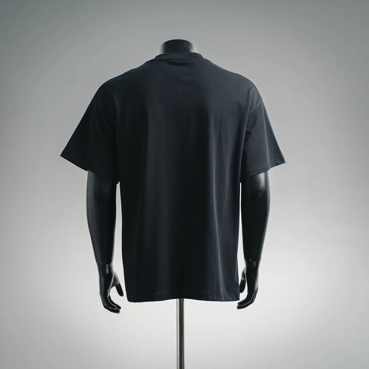 Black short-sleeve T-shirt with plain back on mannequin