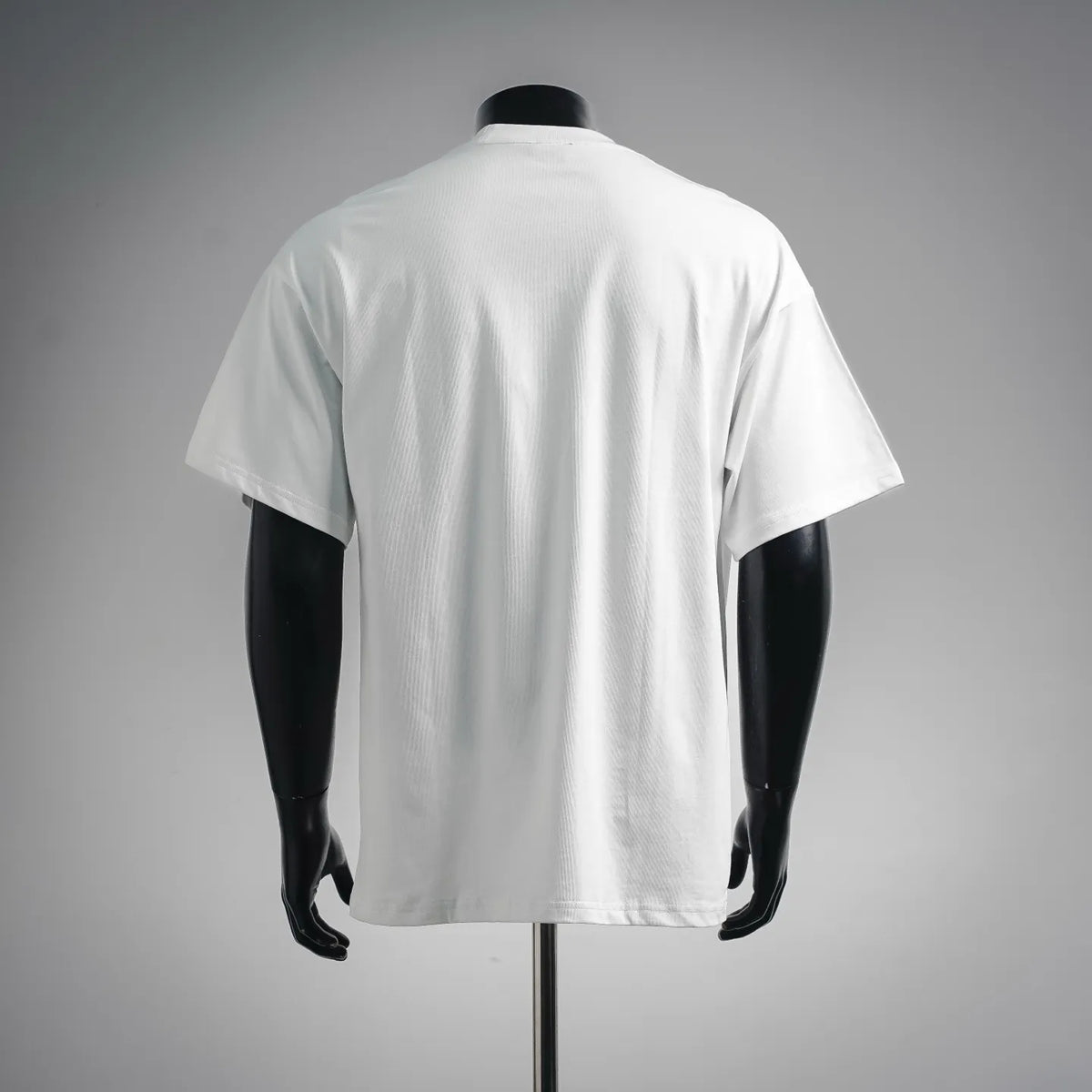 White short-sleeve T-shirt on mannequin, back view