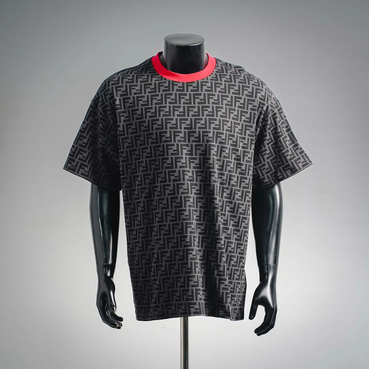 Fendi FF monogram short-sleeve T-shirt with red crew neckline, black and gray