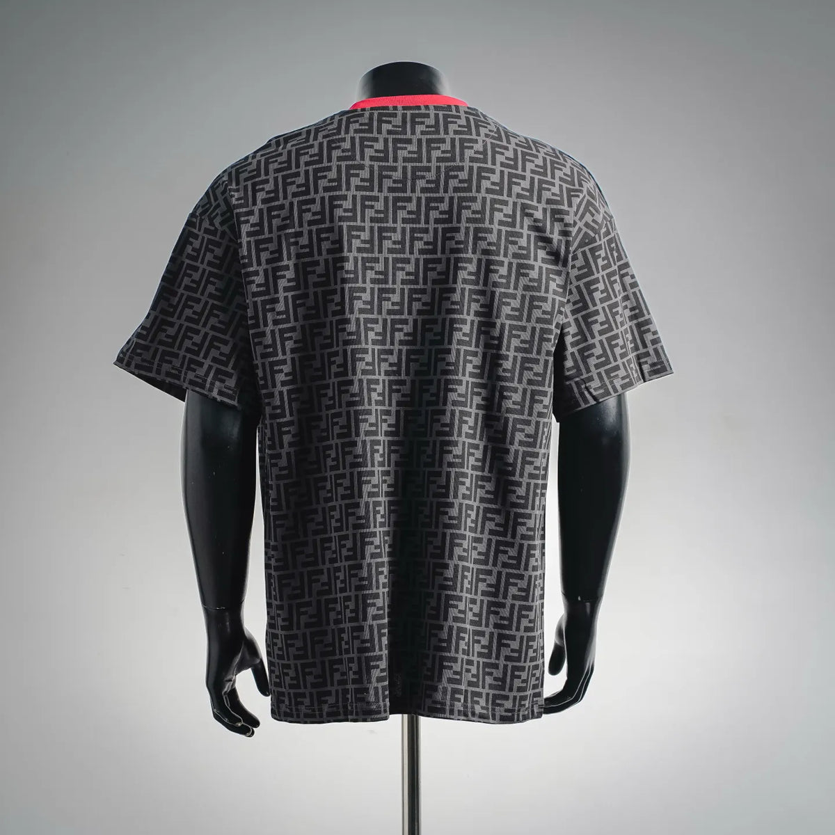 Fendi FF monogram short-sleeve T-shirt back view, black and gray with red crew neckline
