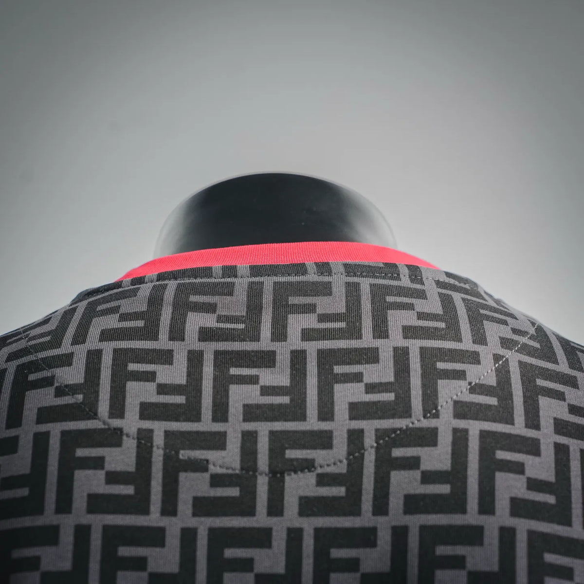 Fendi FF monogram T-shirt back close-up with red crew collar