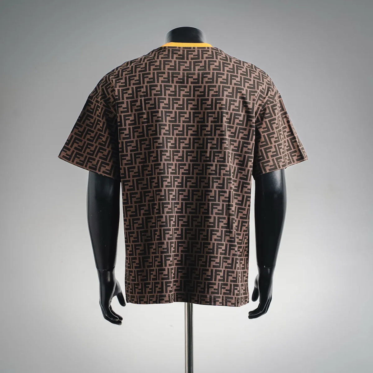 Brown short-sleeve T-shirt with repeating Fendi FF logo pattern, orange collar trim