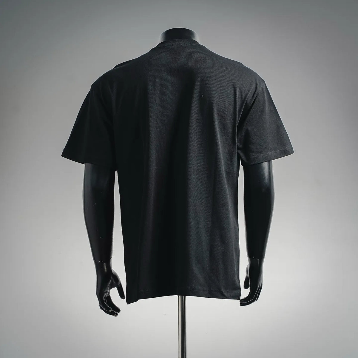 Black crewneck short-sleeve T-shirt, plain back view