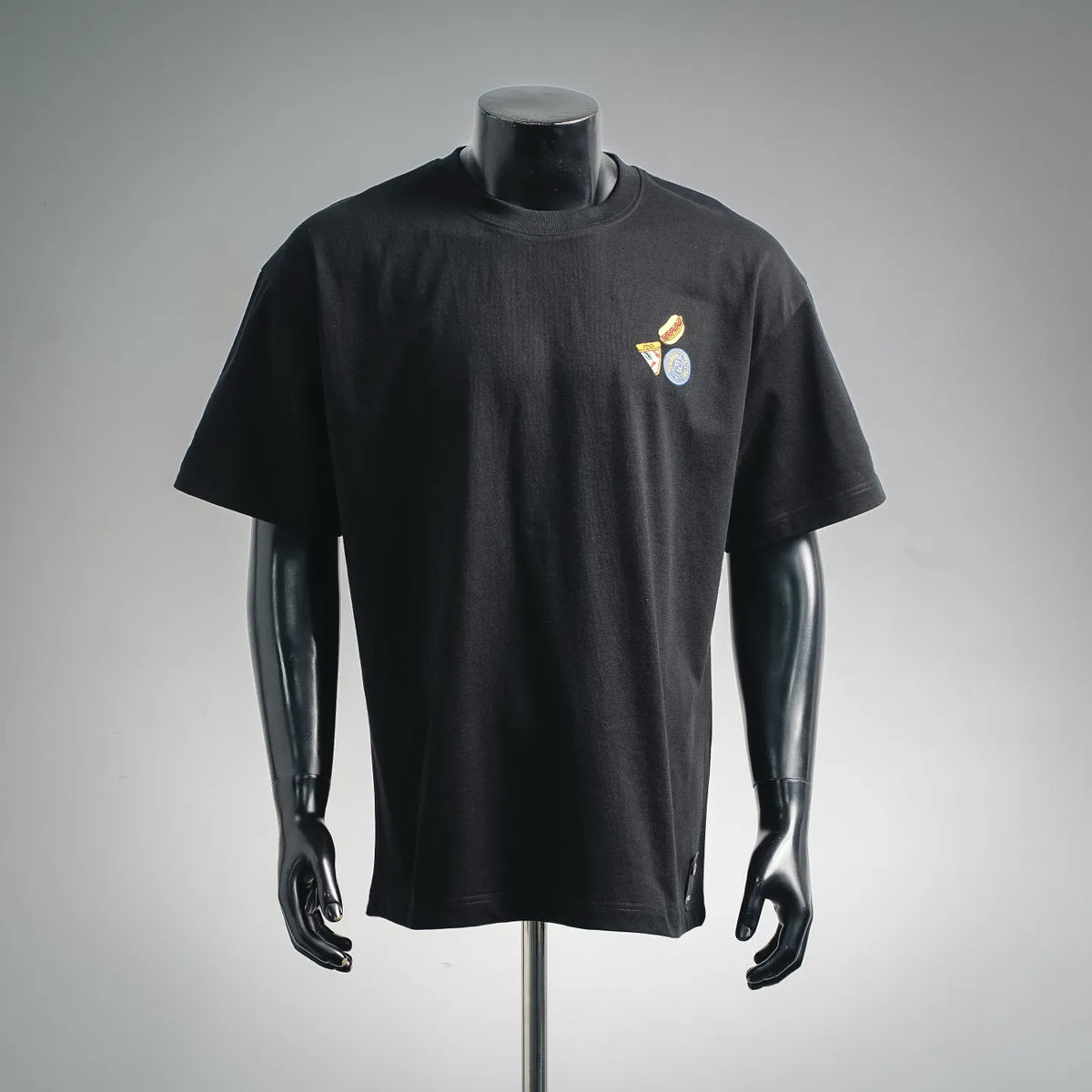 Fendi short-sleeve T-shirt, black with colorful logo patch on the left chest