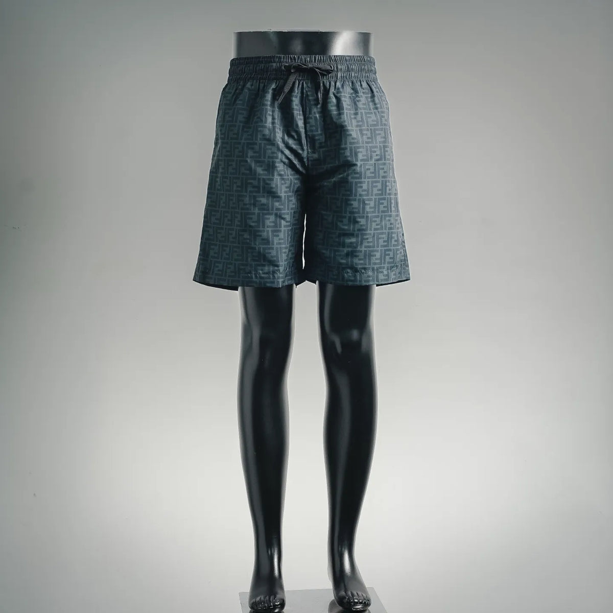 Fendi logo print swim shorts with elastic waist, dark teal/blue