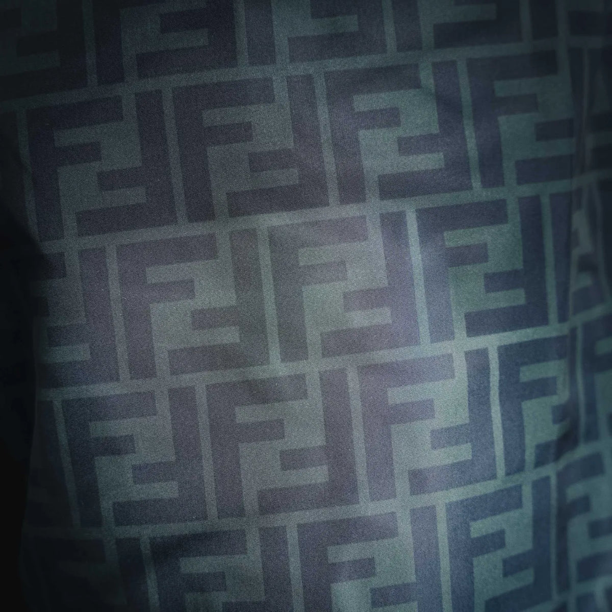 Close-up of Fendi logo print fabric pattern on dark swim shorts