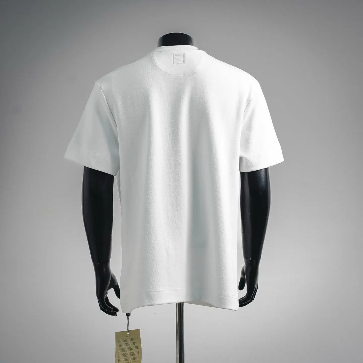 White short-sleeve T-shirt on mannequin, crew neck, plain back