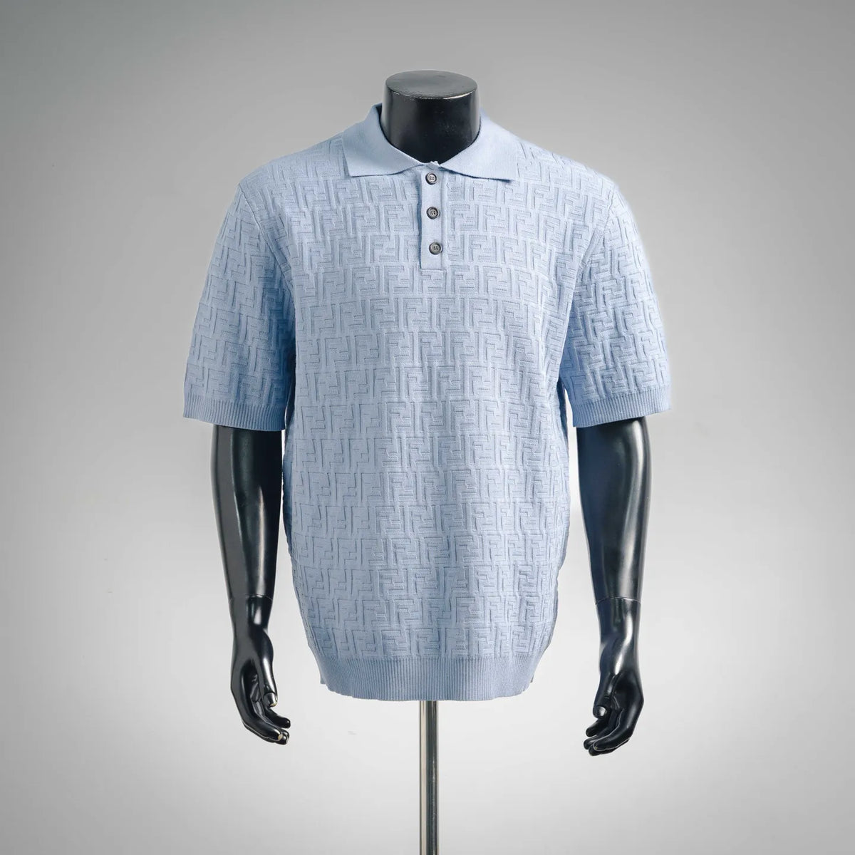 Light blue Fendi knit polo shirt with button placket and short sleeves