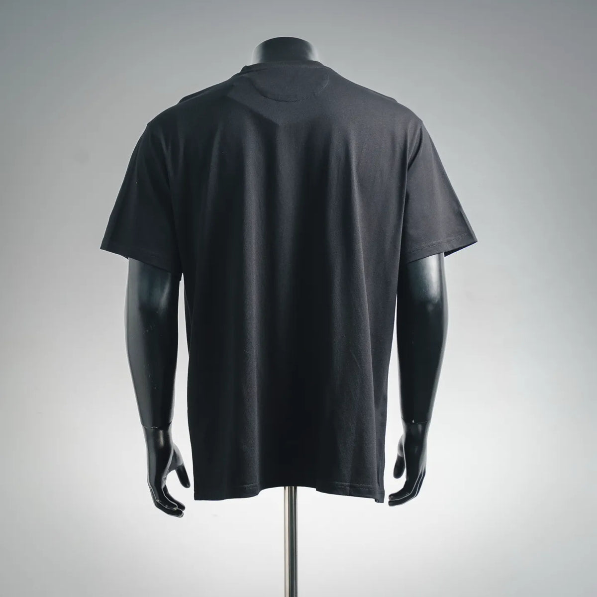Black short-sleeve T-shirt with crew neck, shown from the back