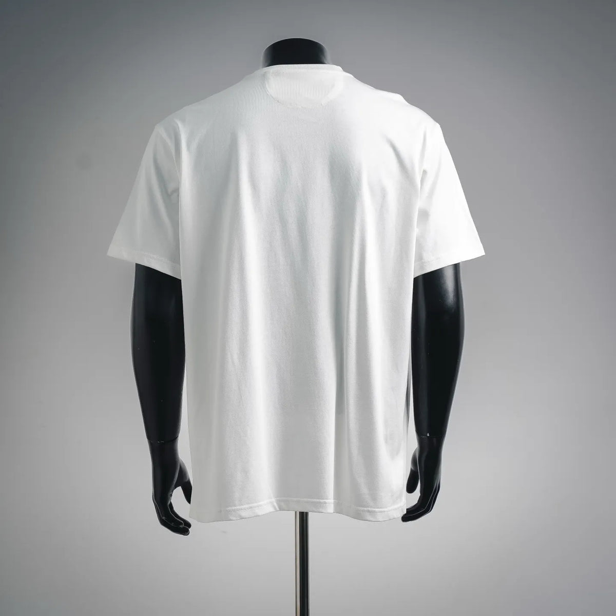 White crew-neck short-sleeve T-shirt on a mannequin, plain back.