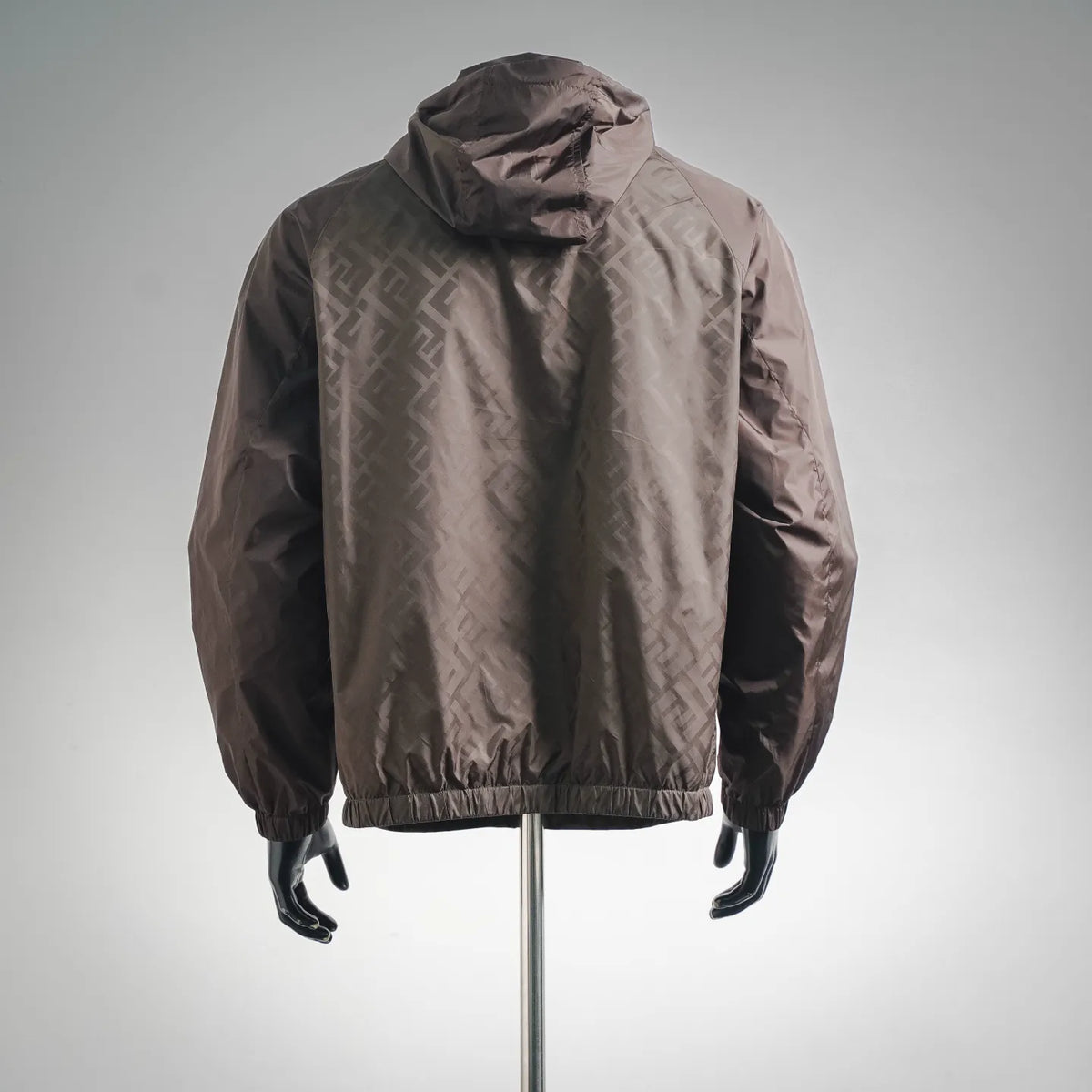 Back view hooded coat with FF logo pattern, elastic waistband hem and cuffs
