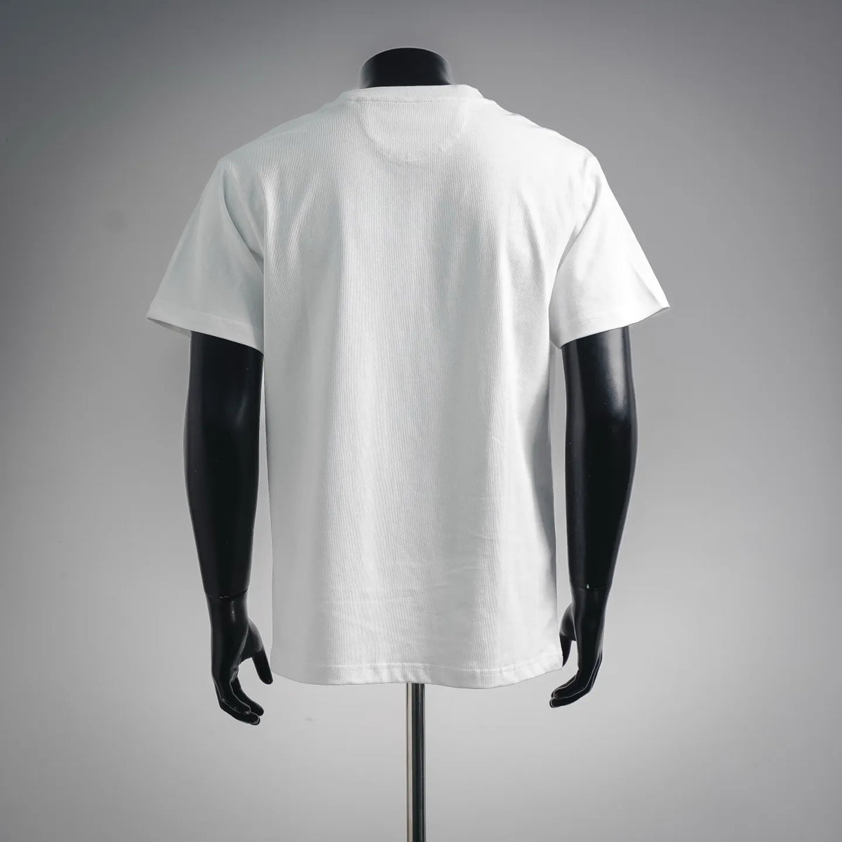White crewneck T-shirt, back view with smooth fabric