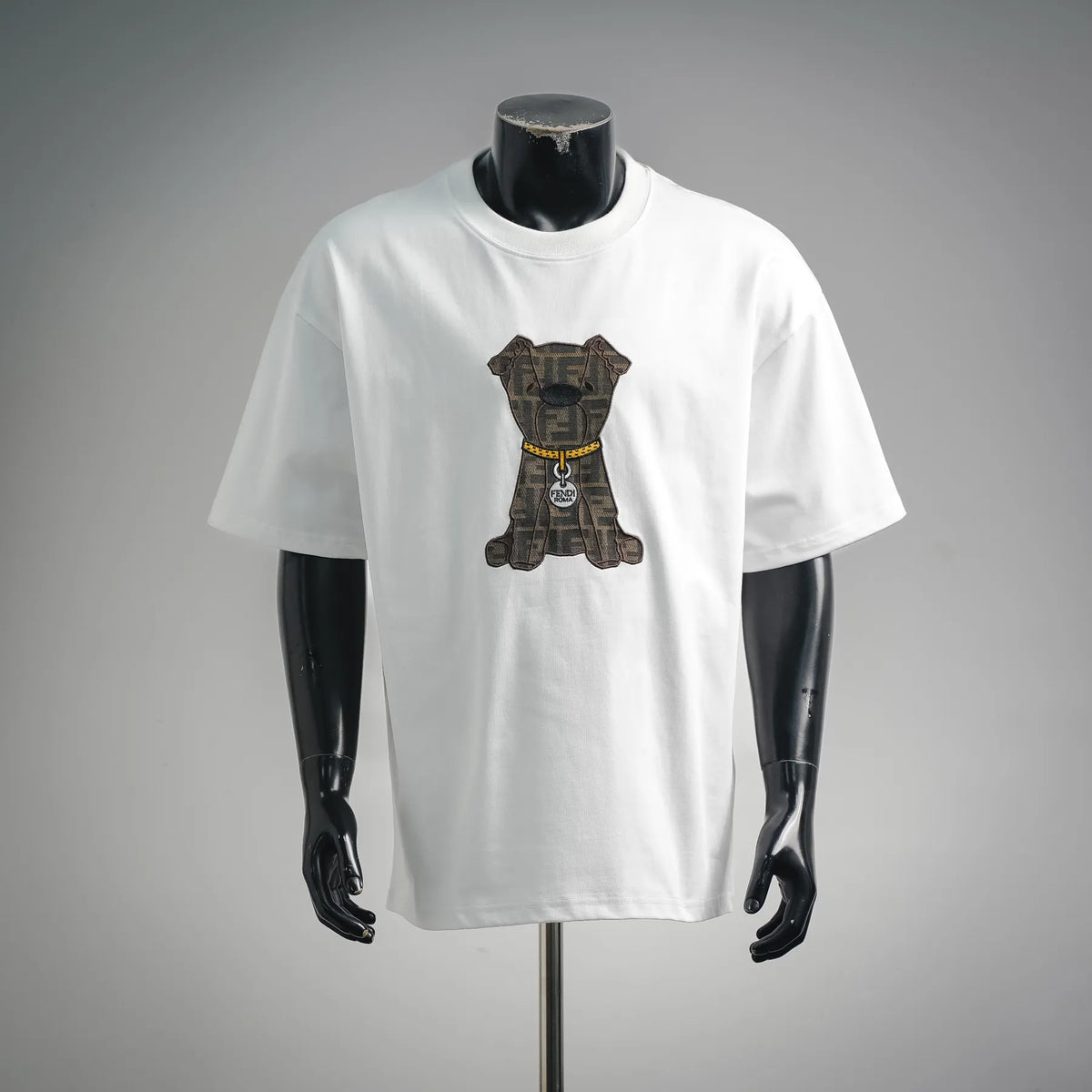White short-sleeve T-shirt with FENDI teddy bear graphic on chest