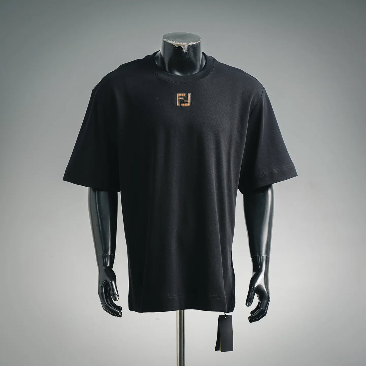 Black Fendi crew-neck T-shirt with small embroidered FF logo at the chest