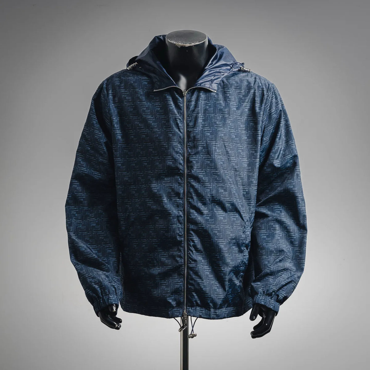 Fendi dark blue hooded windbreaker coat with full-zip and allover FF pattern