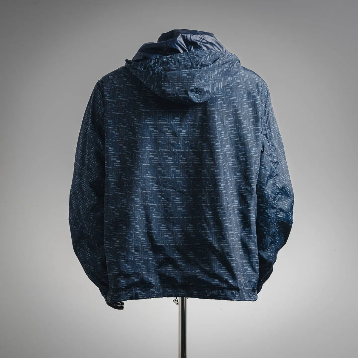 Dark blue hooded jacket coat with allover FF pattern, rear view