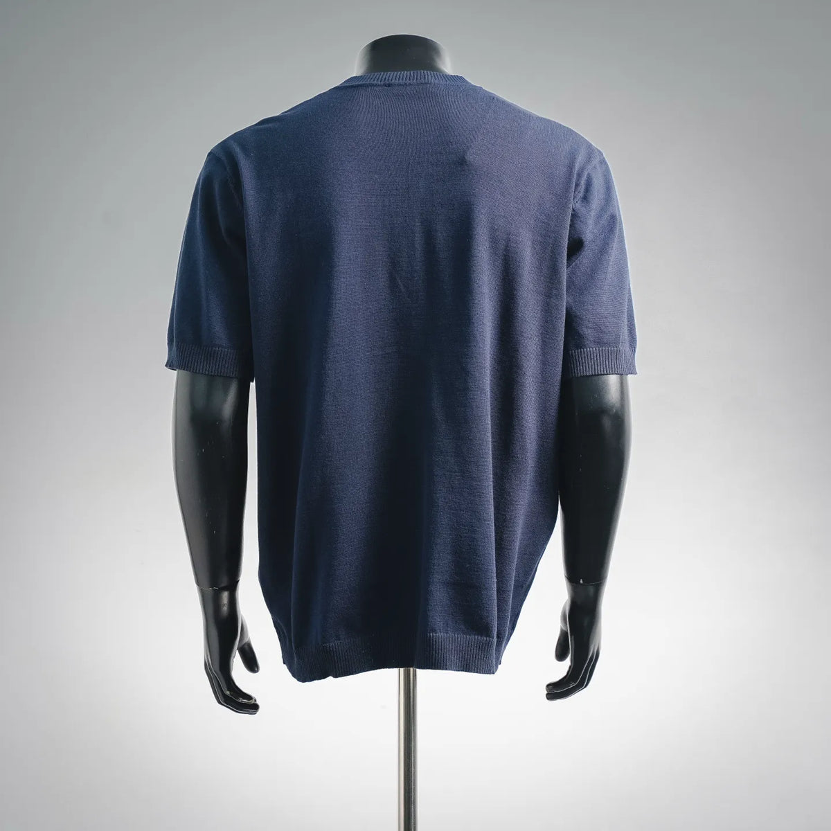 Navy knit crewneck short-sleeve sweater, plain back view