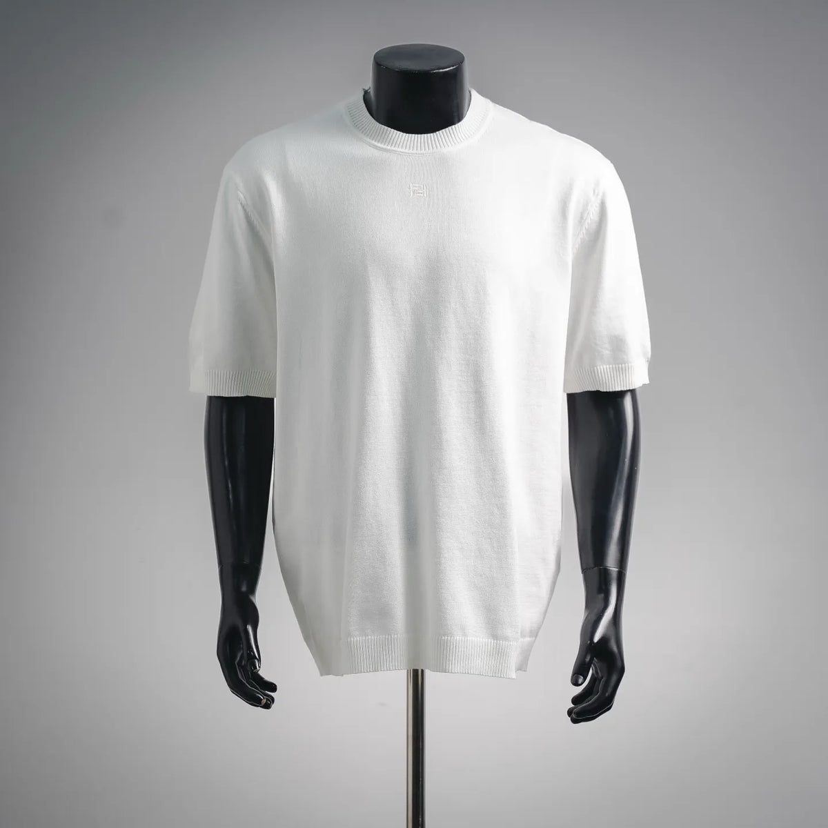 Fendi short-sleeve knit top, white crew neck with ribbed cuffs