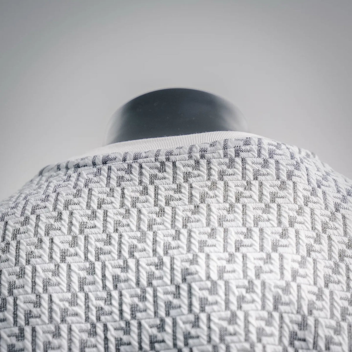 Back of white T-shirt with Fendi monogram pattern and crew neck
