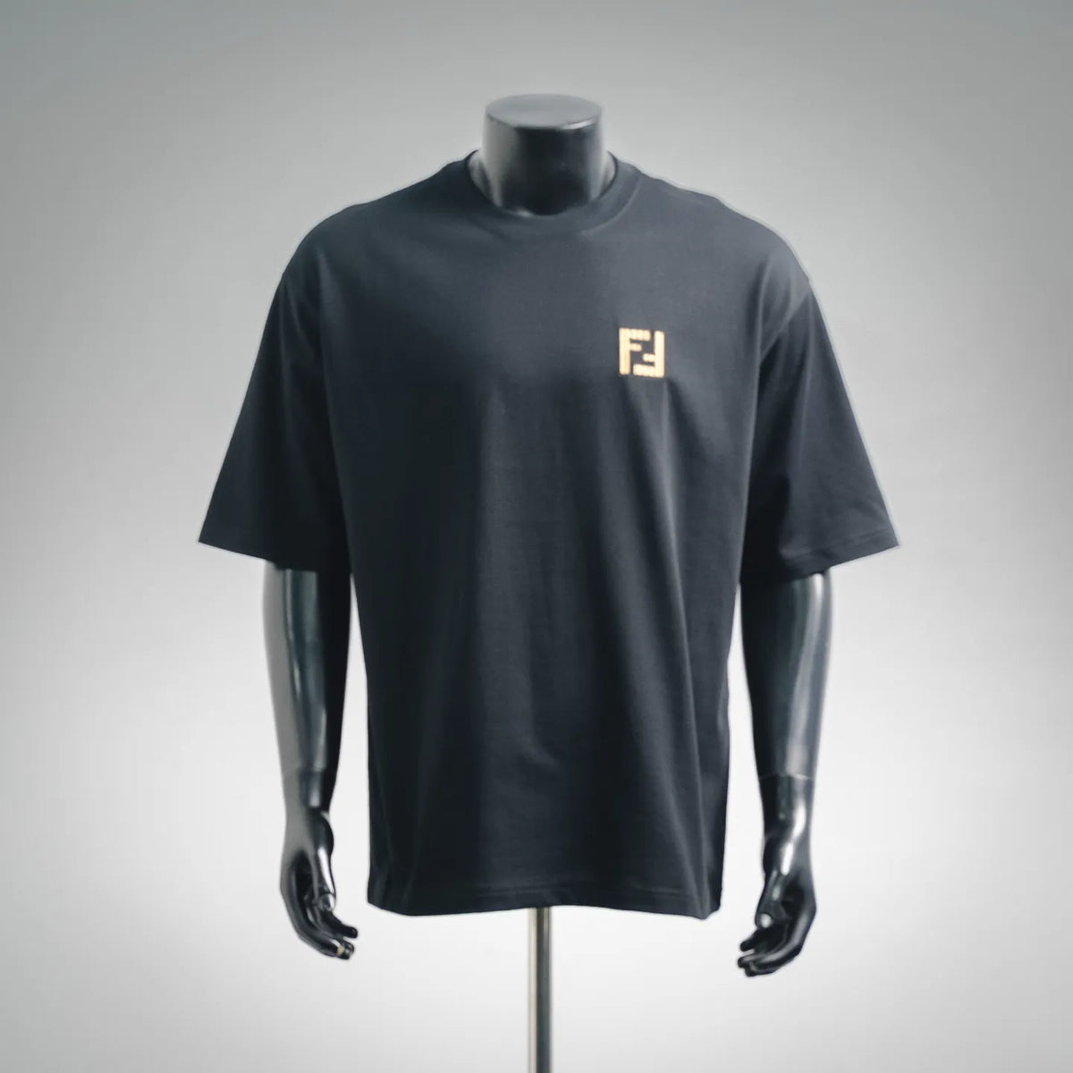 Dark short-sleeve T-shirt with embroidered Fendi logo at the chest