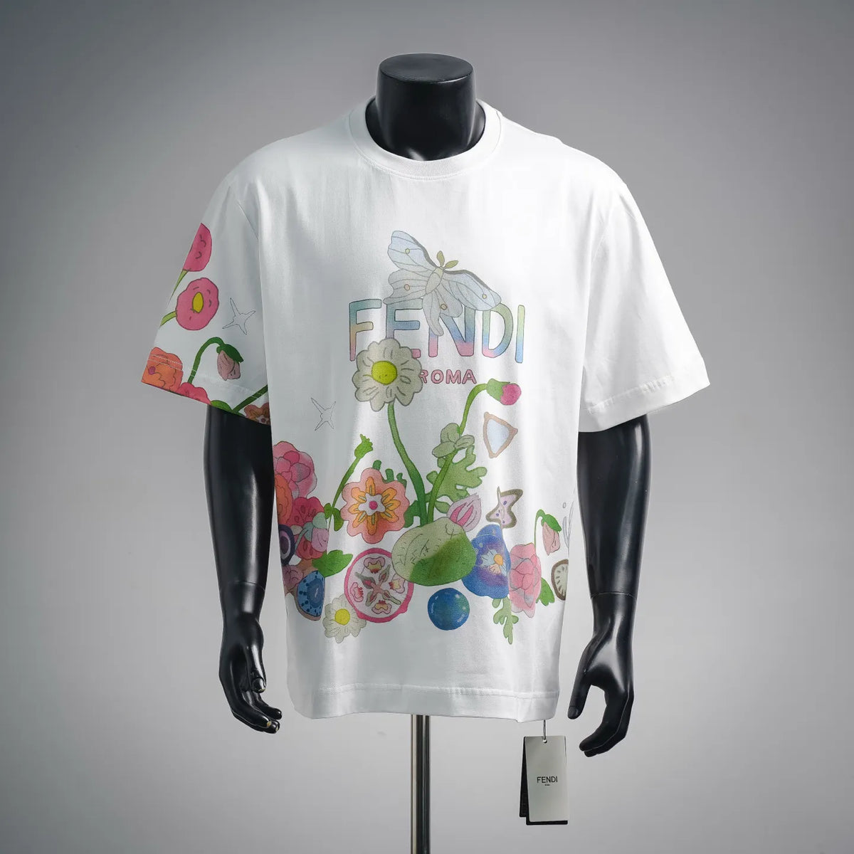 White Fendi short-sleeve T-shirt with colorful floral and rabbit graphic on the front