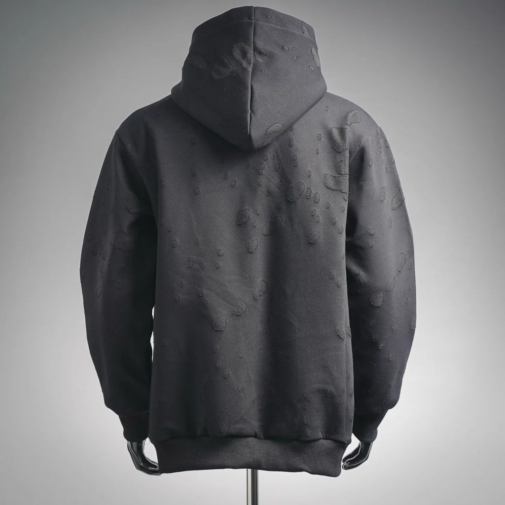Black hooded sweatshirt with allover logo pattern, pullover style, long sleeves