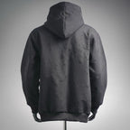 Black hooded sweatshirt with allover logo pattern, pullover style, long sleeves
