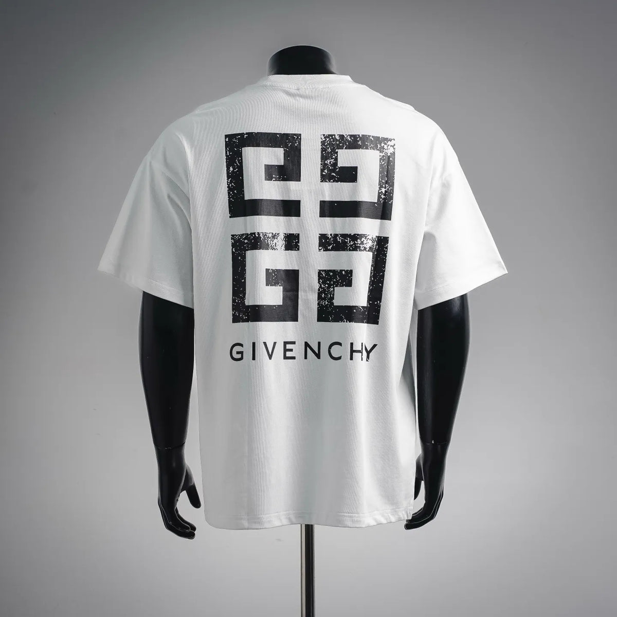 White short-sleeve T-shirt with large back Givenchy logo text and emblem