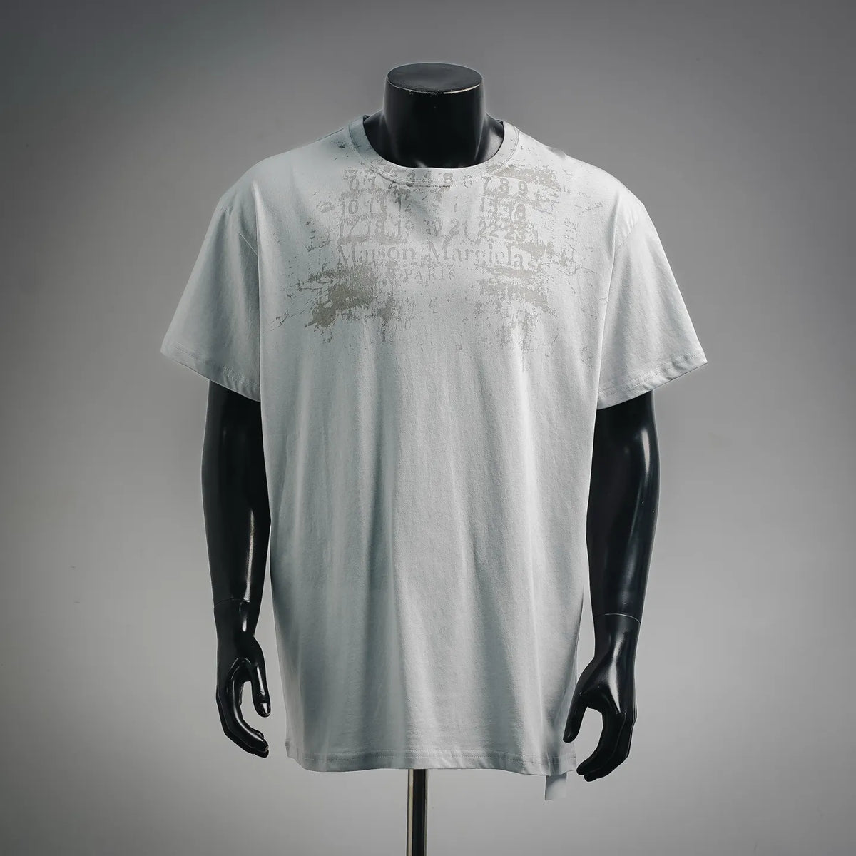 Men's short-sleeve T-shirt by Maison Margiela, light gray with faded number print
