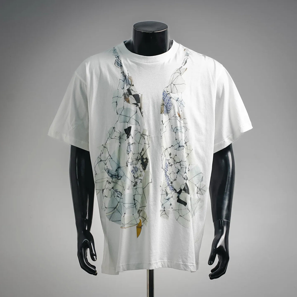 White T-shirt with front graphic print in blue and gold on a crew neck