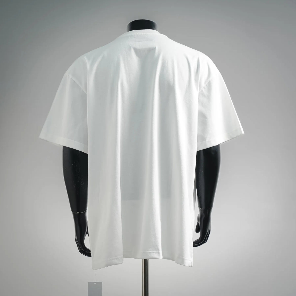 White crew-neck T-shirt back view on mannequin