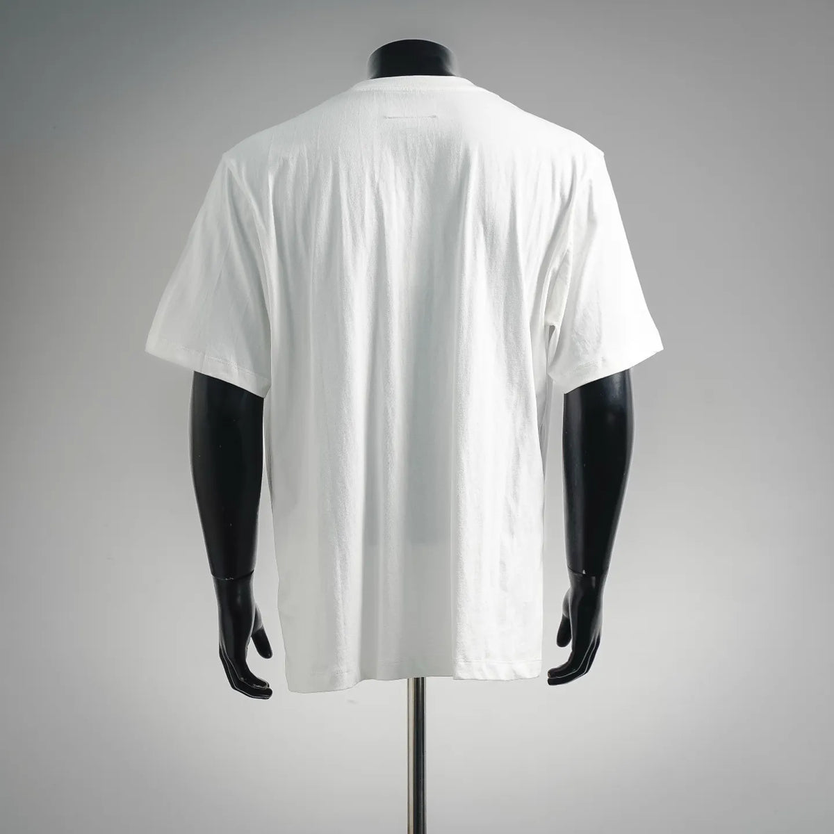 White short-sleeve T-shirt back view with plain yoke and straight hem