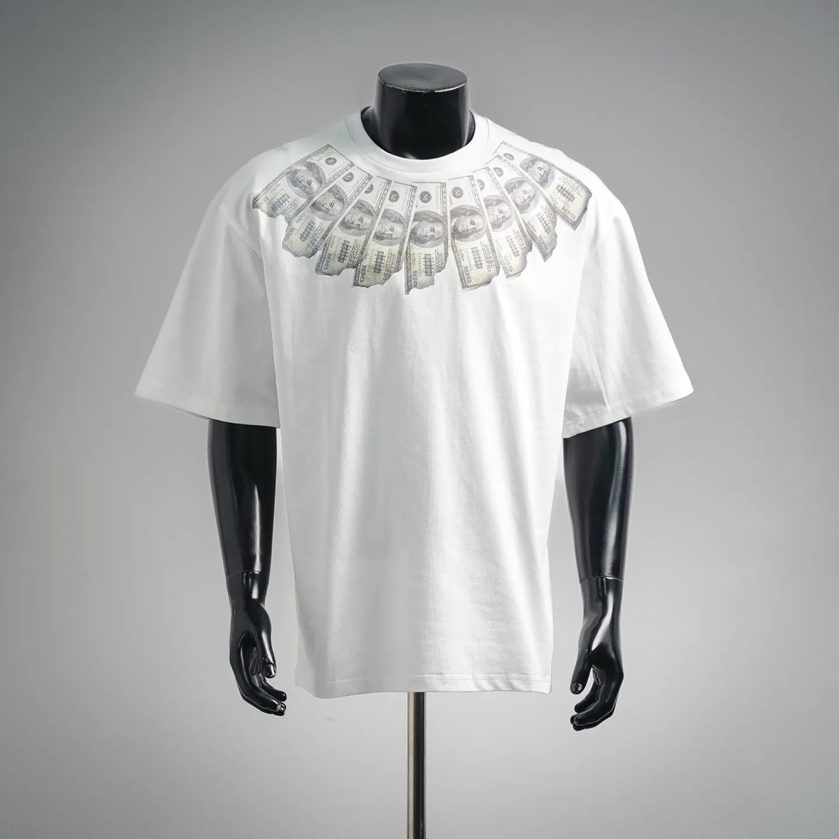 White crewneck T-shirt with money graphic print across chest