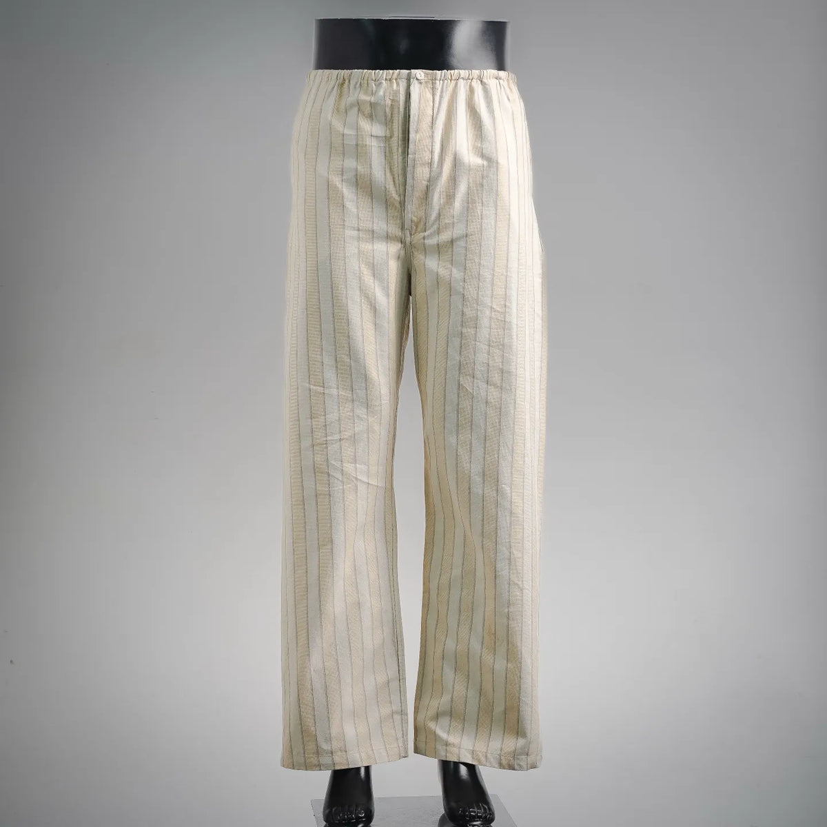 Cream striped pants with light blue vertical lines, elastic waistband and wide leg