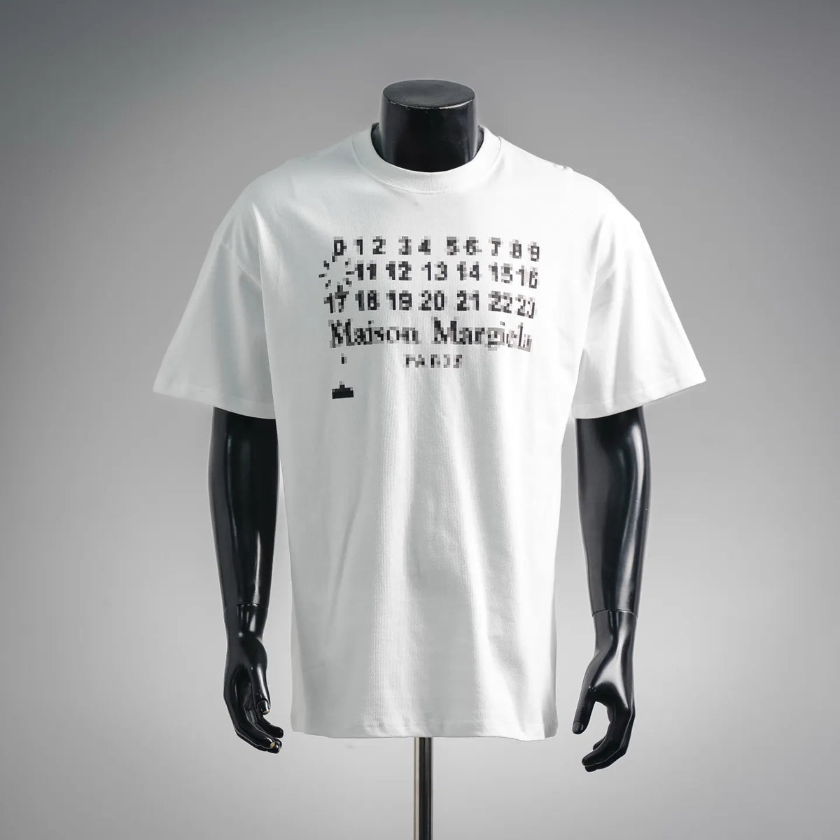 Men's white short-sleeve T-shirt with pixel-style logo graphic on the front