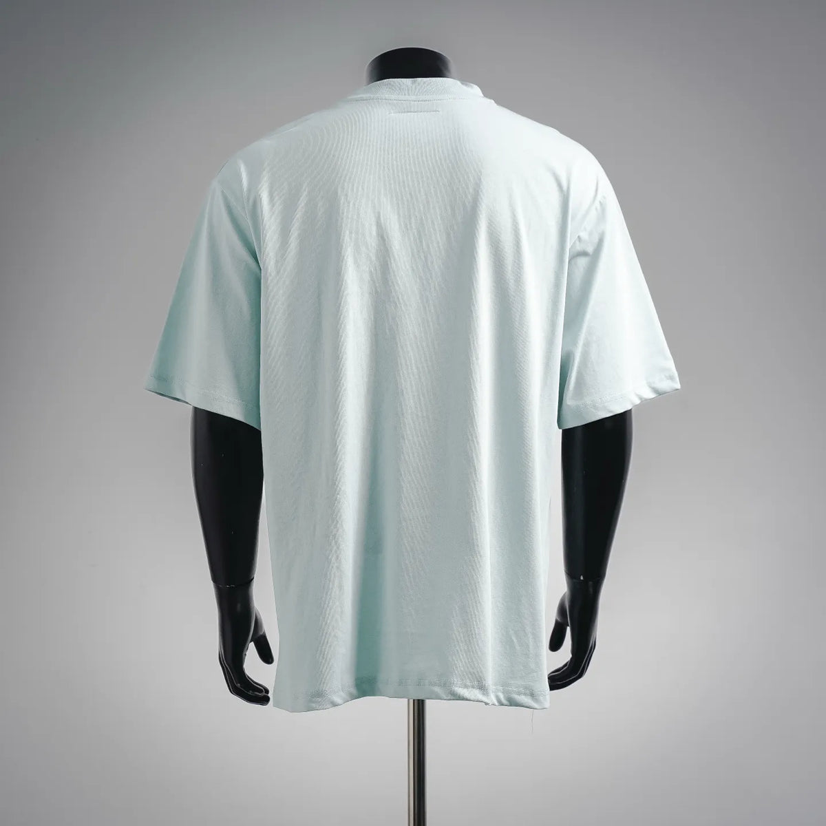 Light blue crew-neck T-shirt with short sleeves, back view