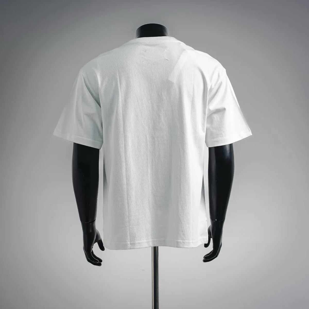 Men's white short-sleeve T-shirt, back view on mannequin