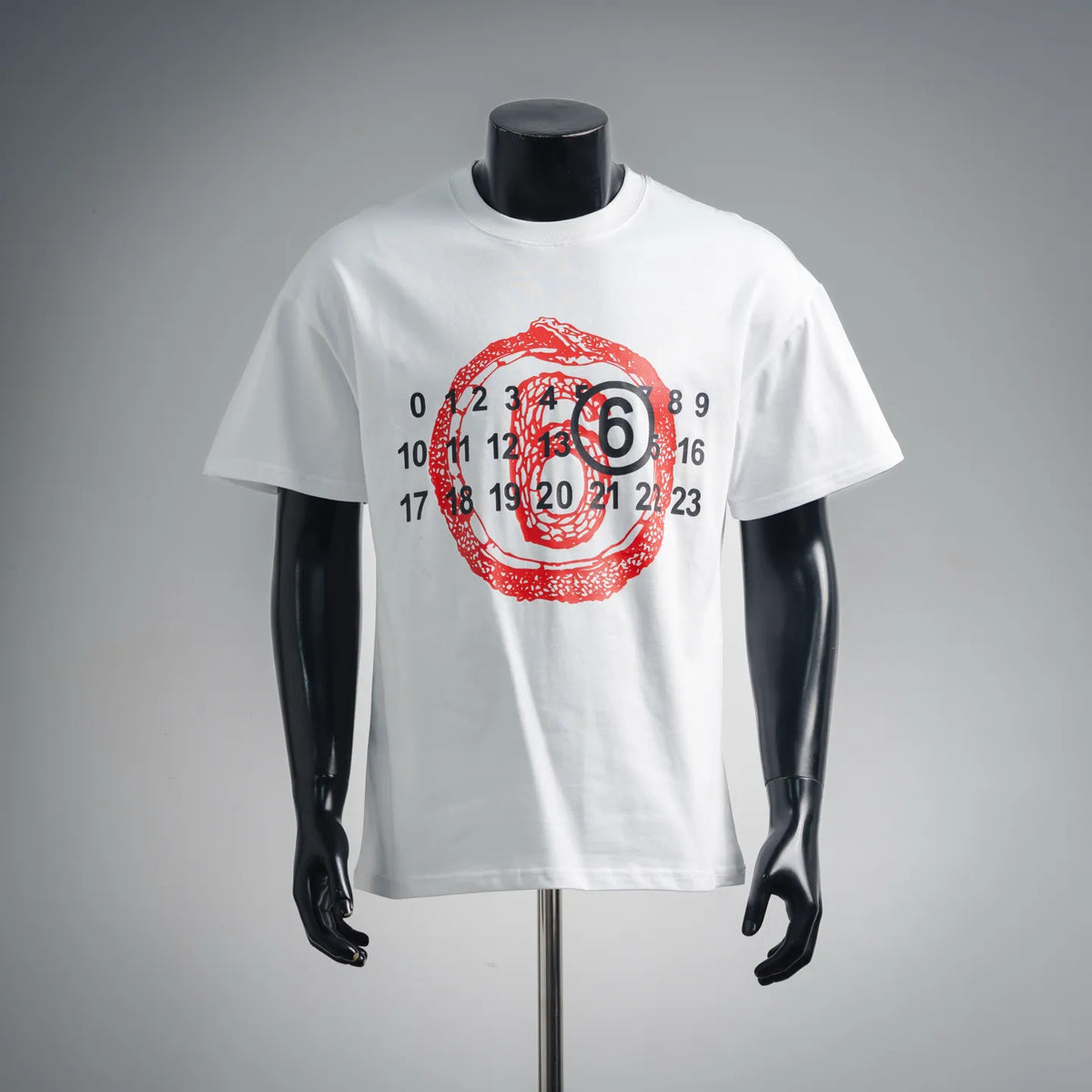 Maison Margiela white short-sleeve T-shirt with red and black front logo graphic