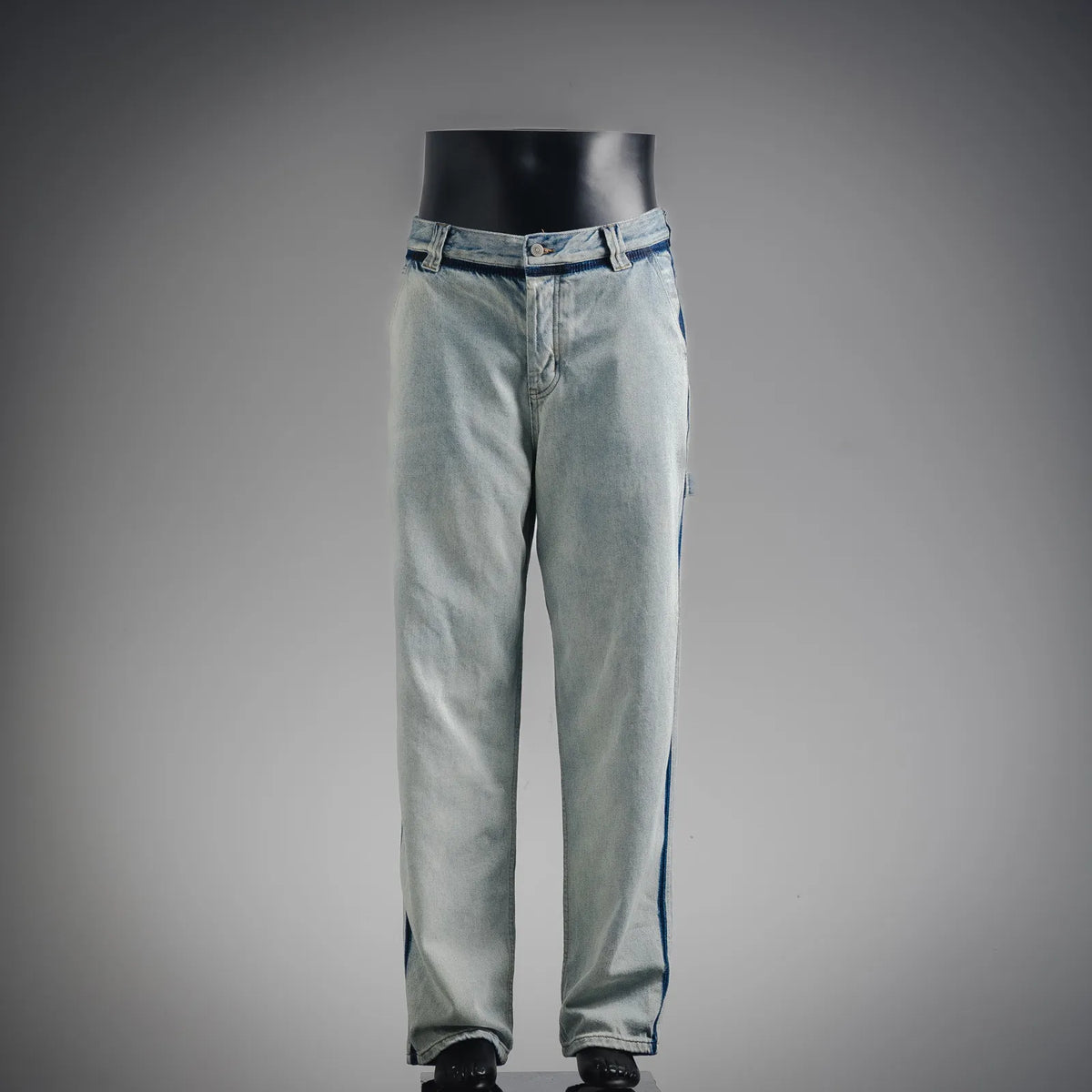 Light blue denim pants with waistband and belt loops, front fly and straight legs