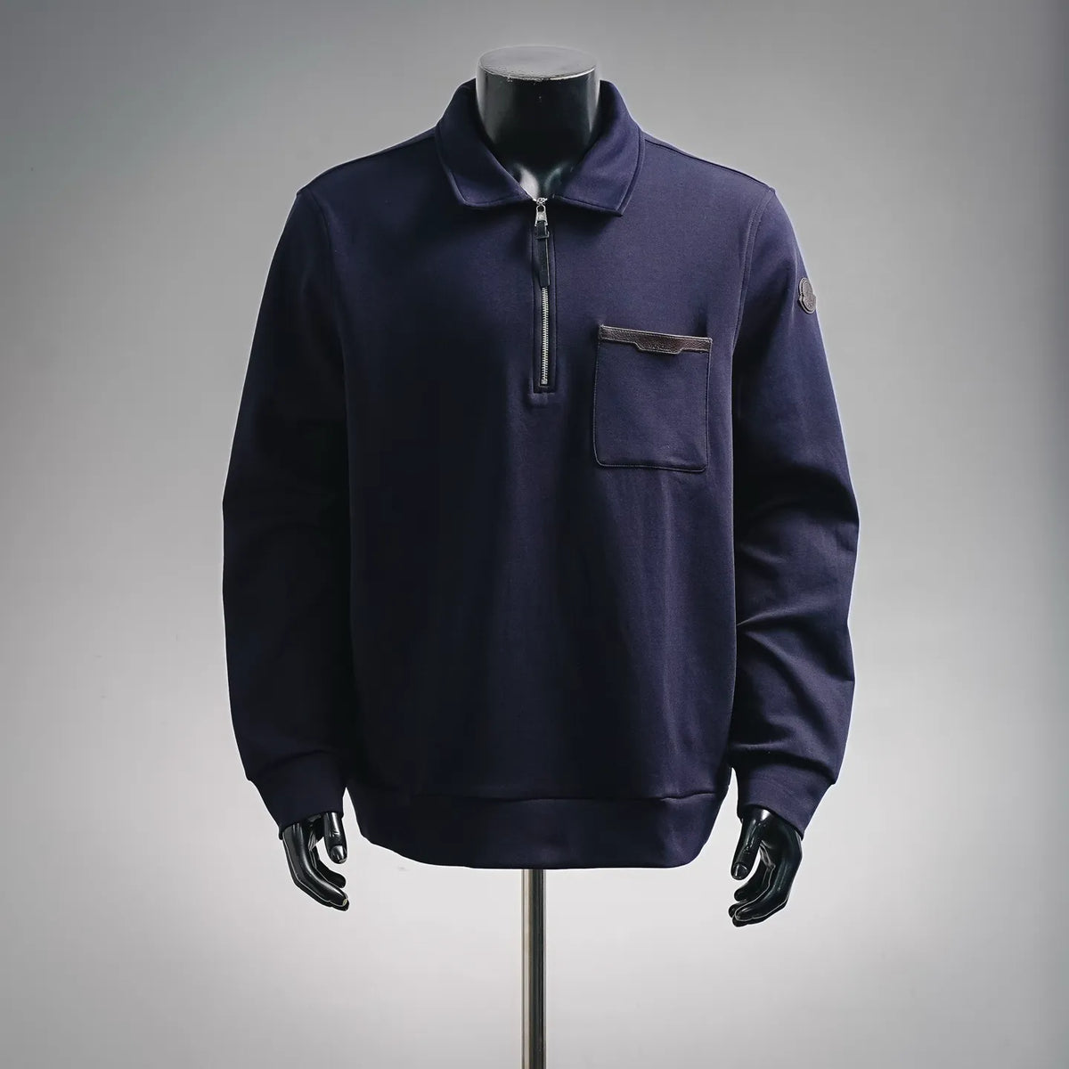 Moncler zip-up coat with stand collar and chest pocket, dark navy-purple.