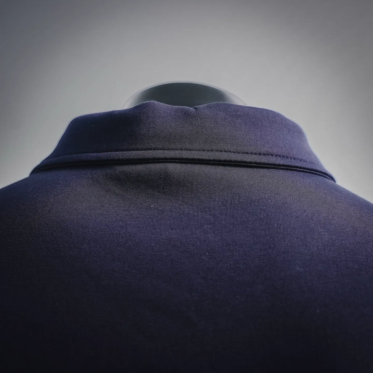 Moncler coat collar with thick trim, dark navy-purple, back shoulder view.