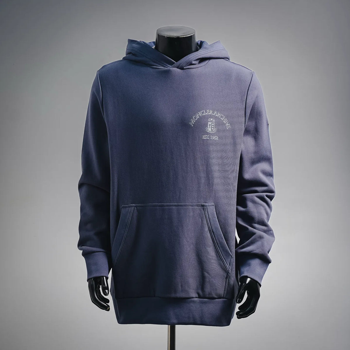 Navy Moncler long pullover hoodie with hood and kangaroo pocket