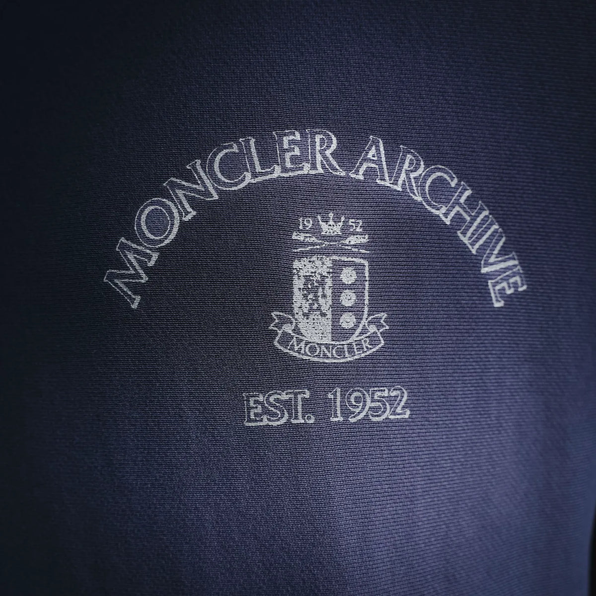 Moncler logo print on navy hoodie chest, Est. 1952
