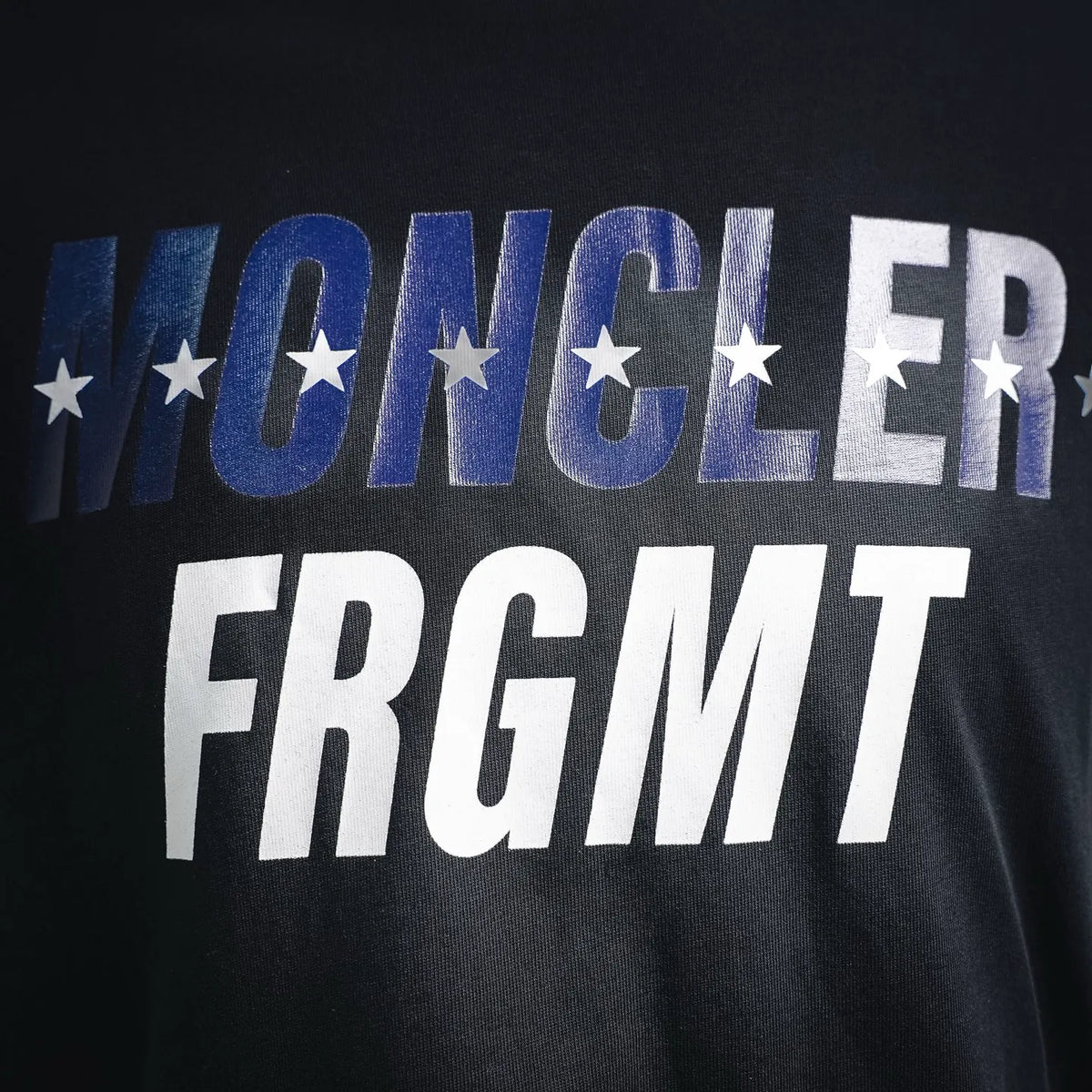 Moncler FRGMT graphic T-shirt with white and blue lettering and star details