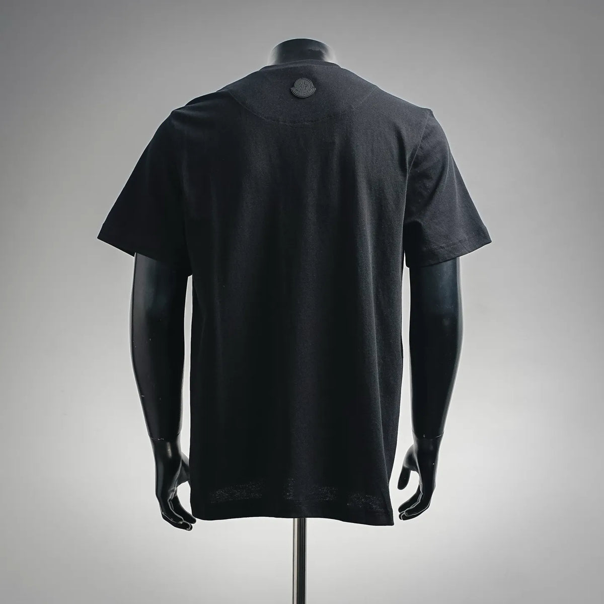 Black Moncler short-sleeve T-shirt from back view with crew neck