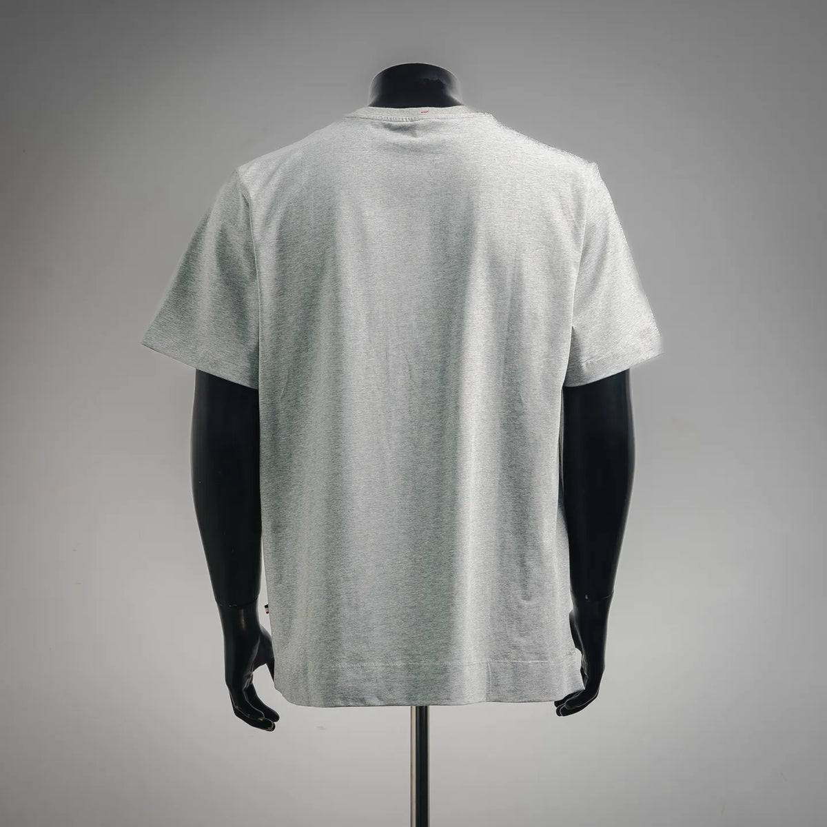 Heather gray short-sleeve T-shirt, back view with crew neckline
