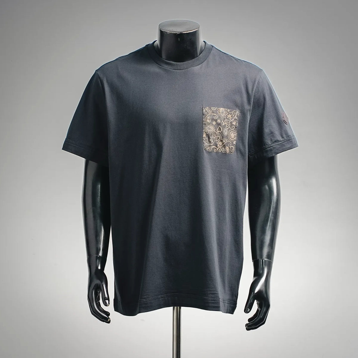 Dark charcoal short-sleeve T-shirt with paisley chest patch pocket