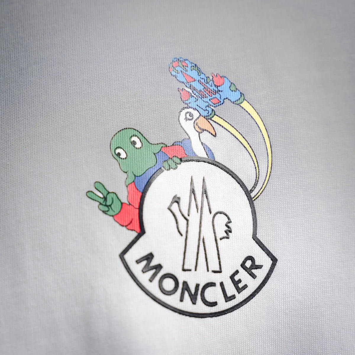 White T-shirt chest graphic patch with colorful Moncler illustration and MONCLER text