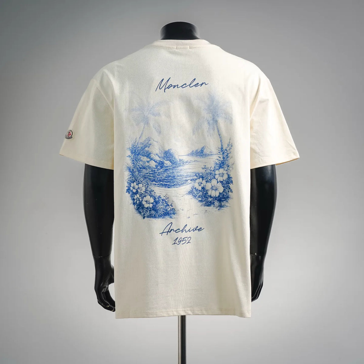 White Moncler crewneck T-shirt with large blue back graphic, Moncler text, Archive 1952